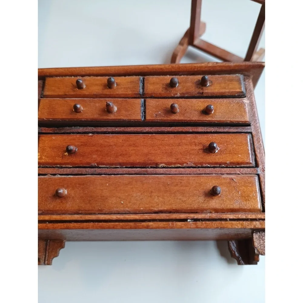 Vintage Miniatures Doll House Wooden Furniture Canopy Bed Dresser Quilt Rack